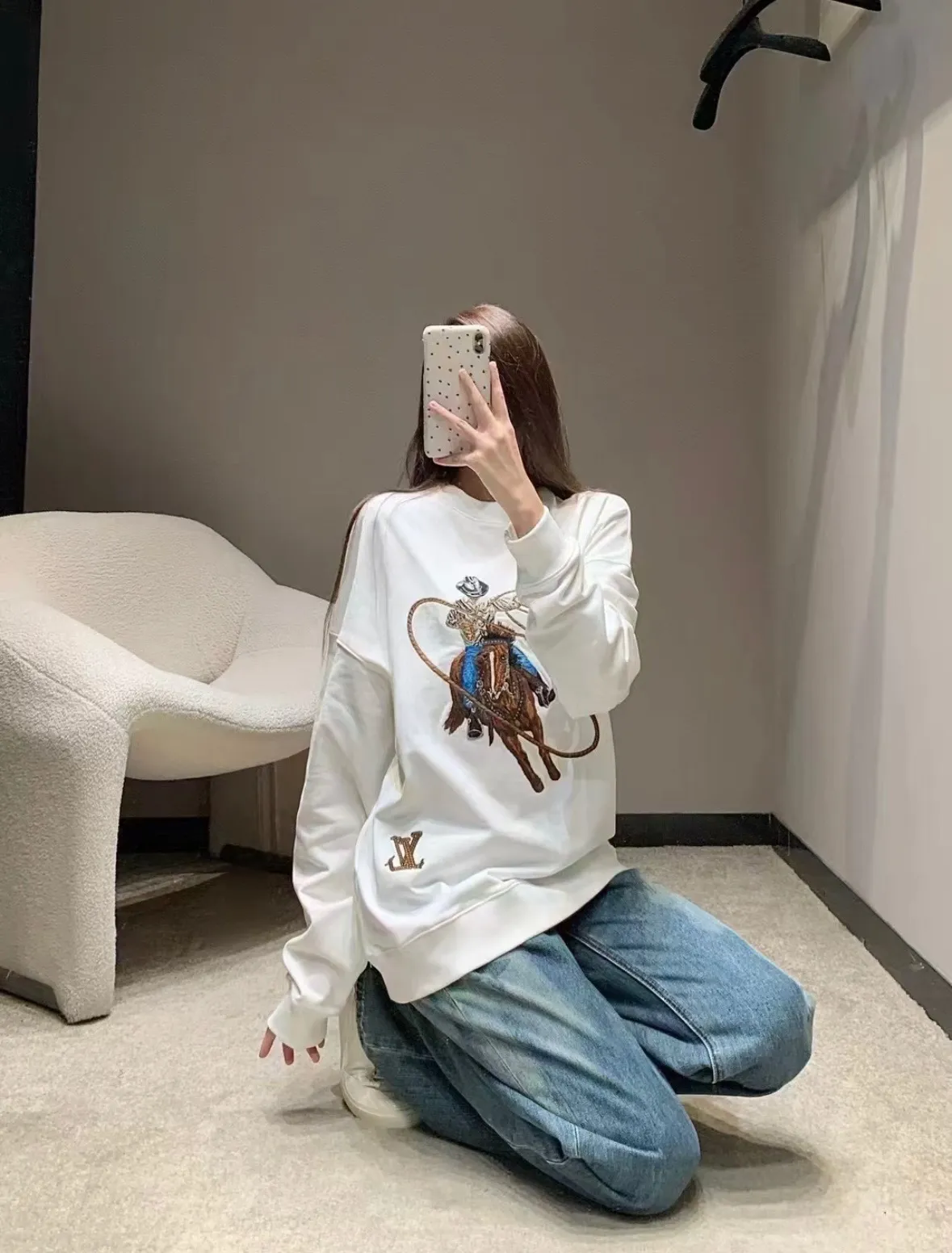 Louis Vuitton/Louis Vuitton 24Fw Western denim heavy embroidered round neck sweatshirt